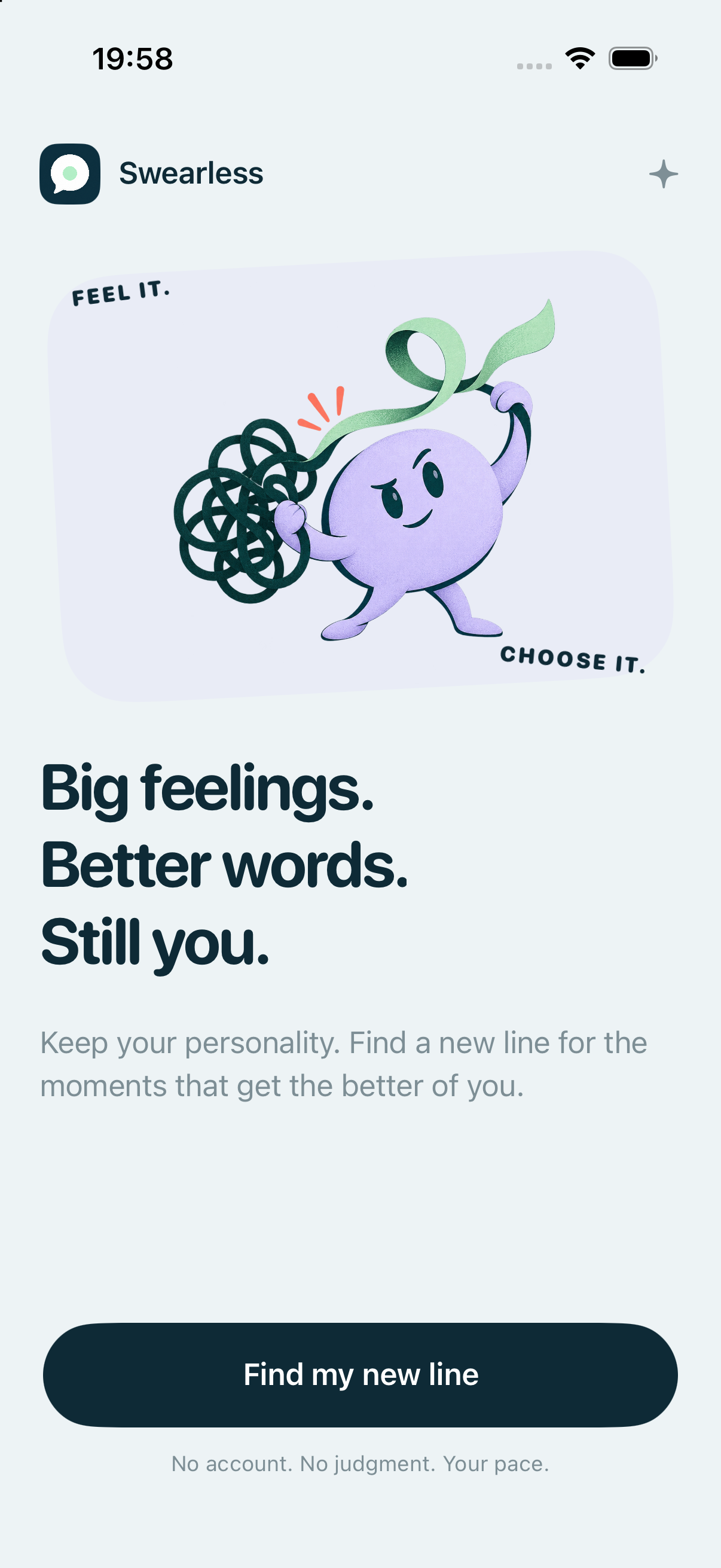 Actual Swearless welcome screen with the lavender speech character